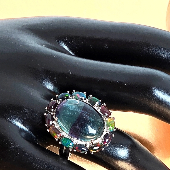 Natural Fluorite & Black Opal 925 Sterling Silver Ring Sz 7.25 - Picture 3 of 14